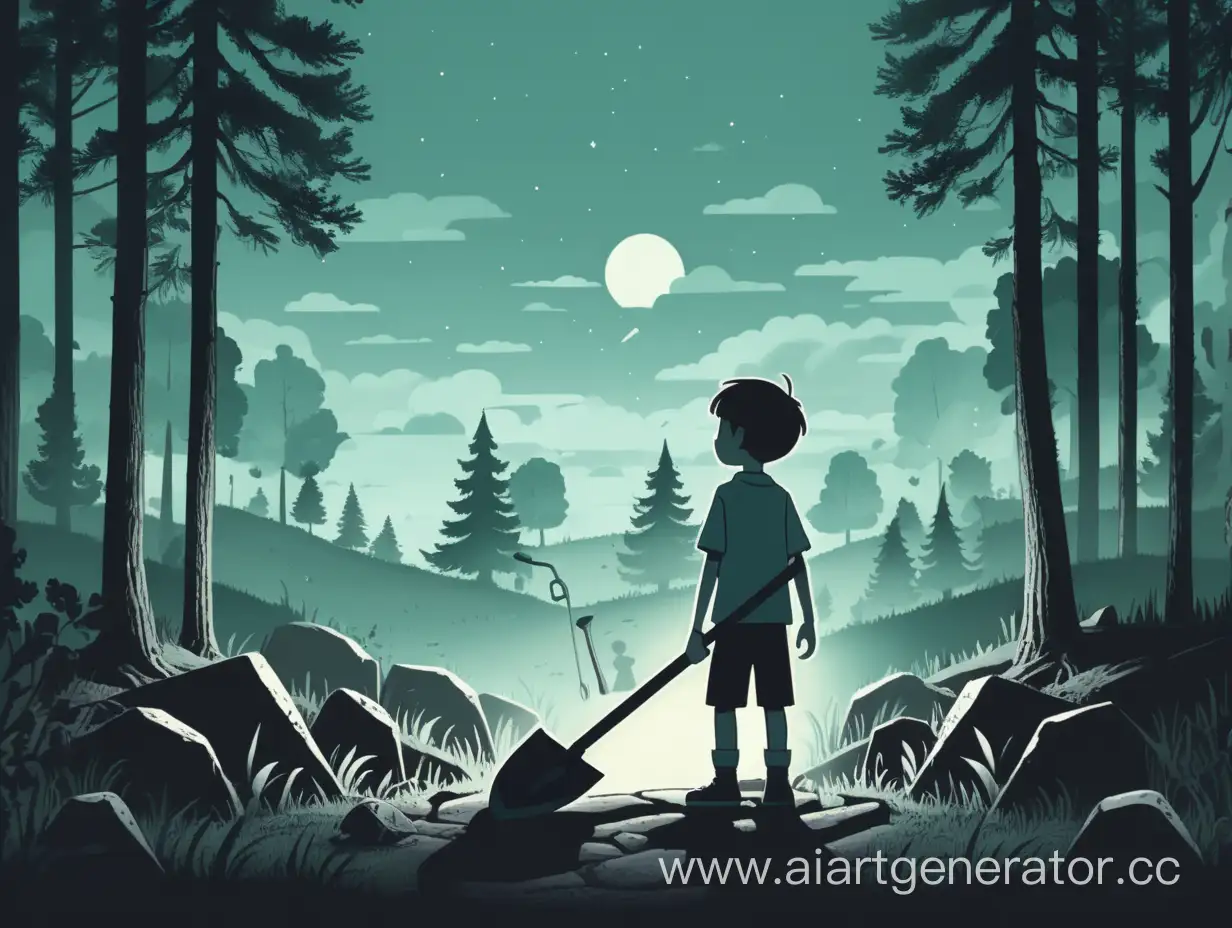 вид из могилы на мальчика с лопатой в руке в 2д стиле, на заднем фоне лес
