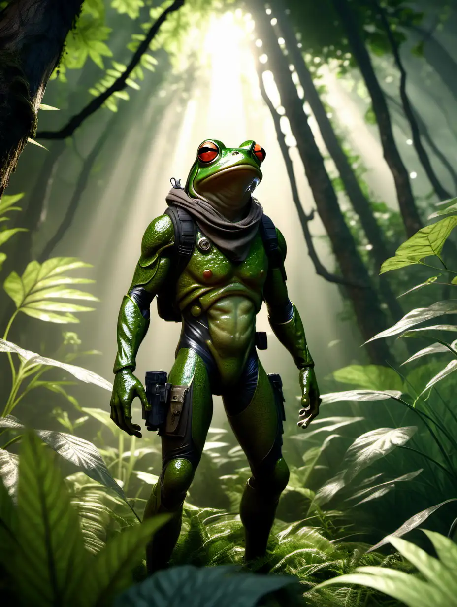 Hyperrealistic Frog Assassin in SciFi Forest Embracing Forces of Nature