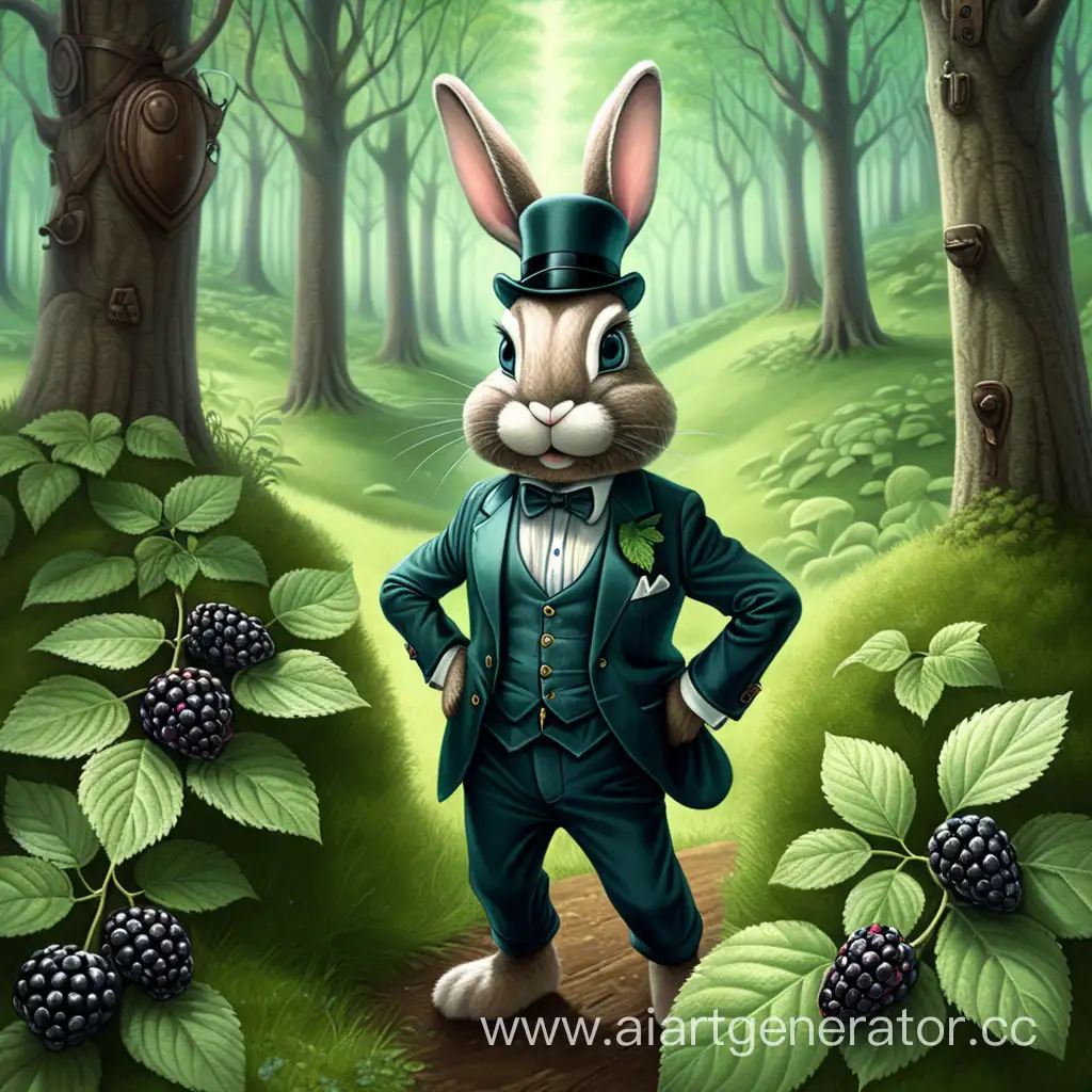 
a bunny dressed as a man is among the blackberries in the green forest