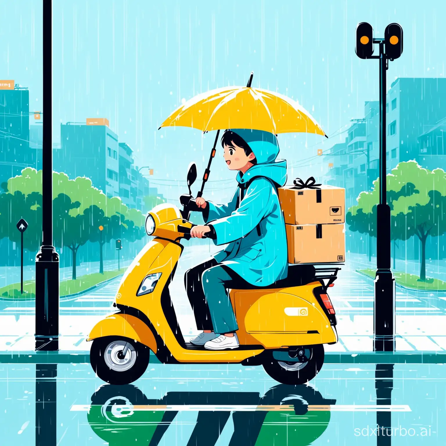 Cute flat illustration style, bright and soft colors, a crossroad on a rainy day, a delivery person riding an electric scooter across the street, carrying a little boy in a blue raincoat on the electric scooter