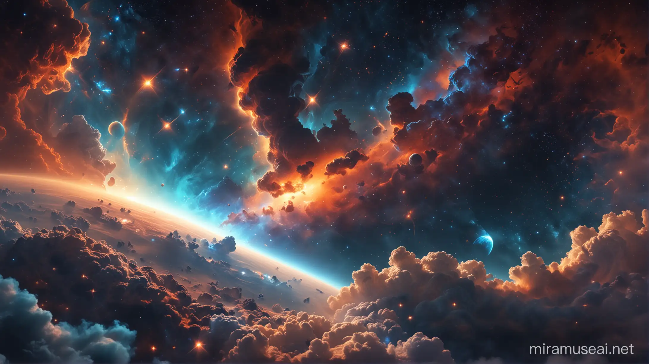 nebula space, clouds, planets, small stars, wide cinematic shot, orange and blue hue