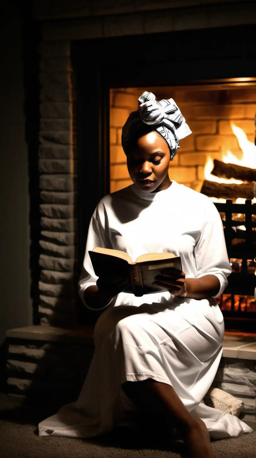 Black woman with head wrap and white modest dress reading Bible  in dark in front of fire place