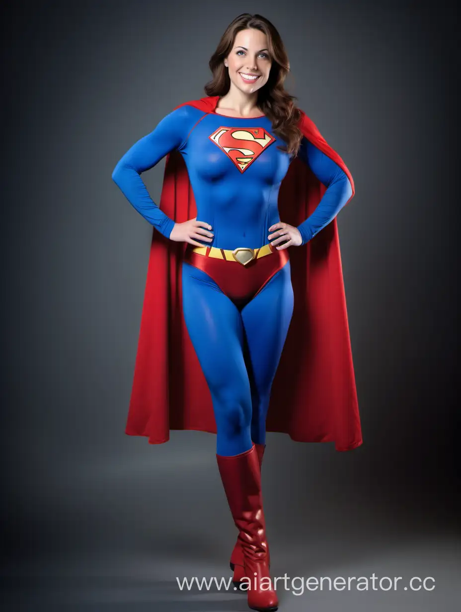 A beautiful woman with brown hair, age 34,  she is happy and confident. She has a very athletic physique. She is wearing a Superman costume with (blue leggings), (long blue sleeves), red briefs, red boots, and a long cape. Her costume is made of very soft fabric. The symbol on her chest has no black outlines. She is posed like a superhero, strong and powerful.