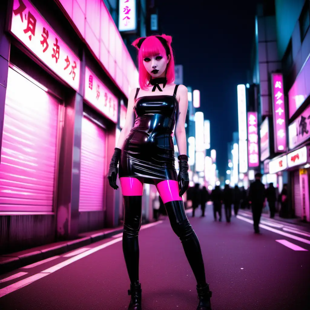 Tokyo Goth Girl in Neon Pink Latex Stockings on City Streets