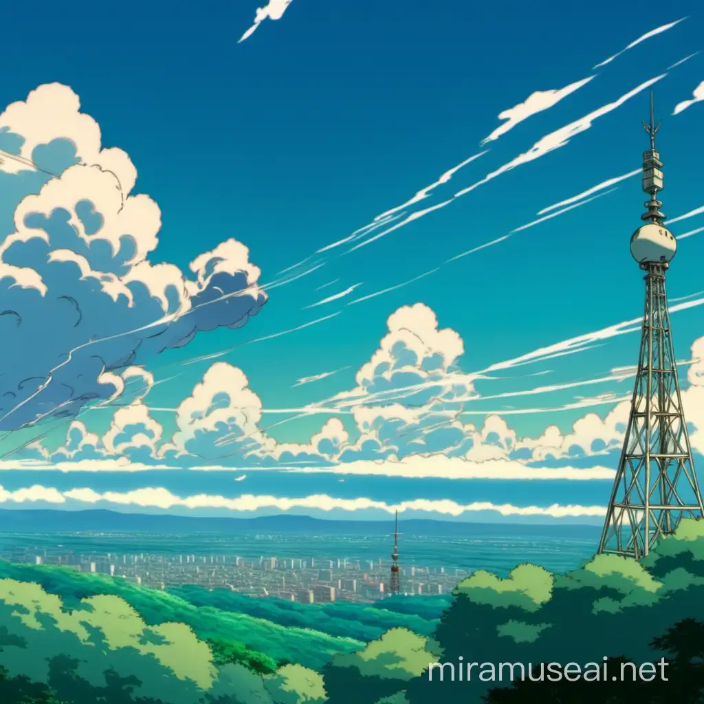 Studio Ghibli landscape, faded colors, fluffy clouds, radio tower in the distance, 2560x1440 
