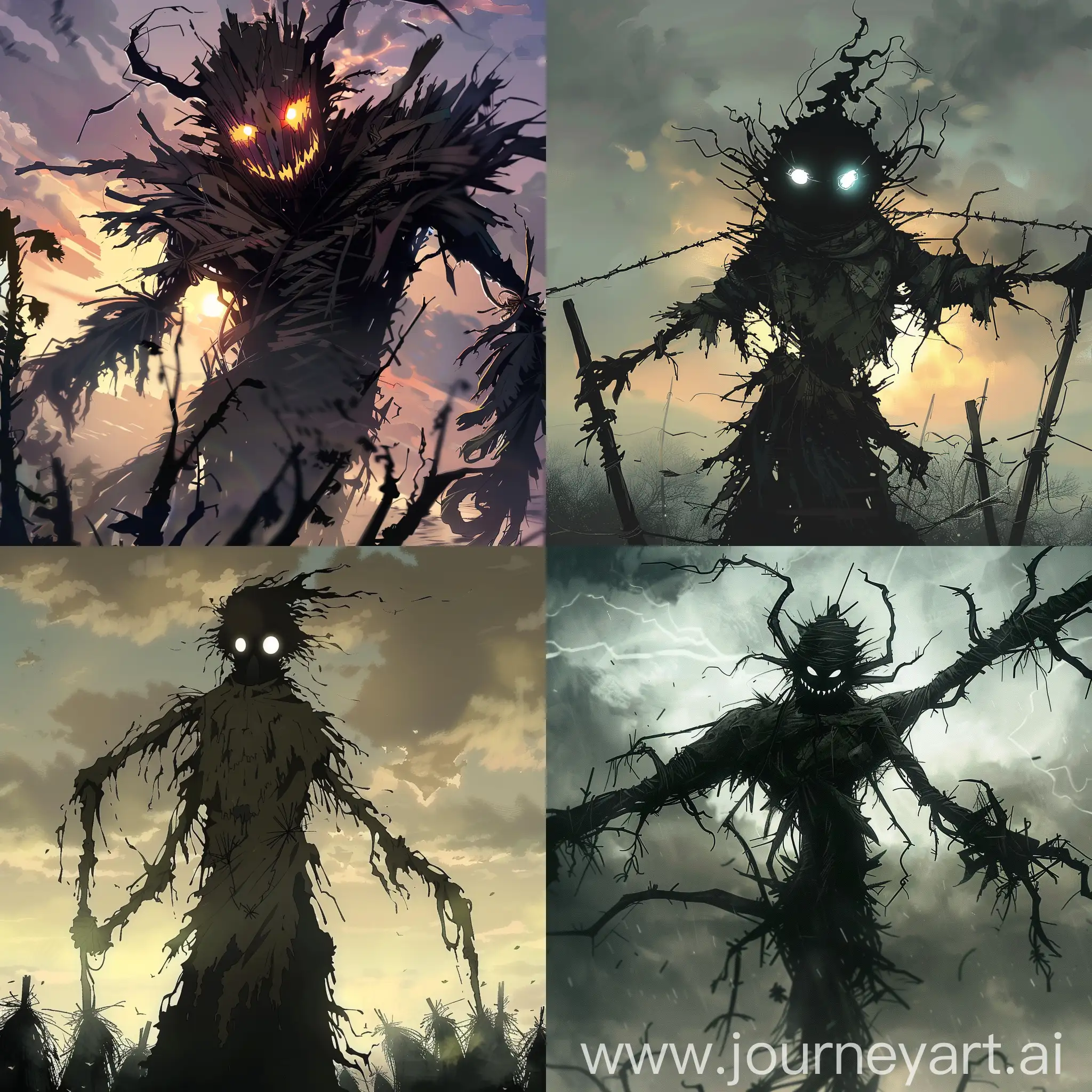 An anime style powerful, terrifying and giant physiquic shadow scarecrow monster.