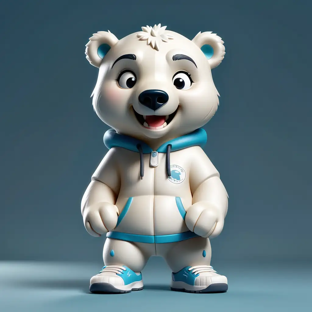 呆萌的北极熊，盲盒风格，憨笑，站立，正面全身，运动套装，穿着运动鞋 ，