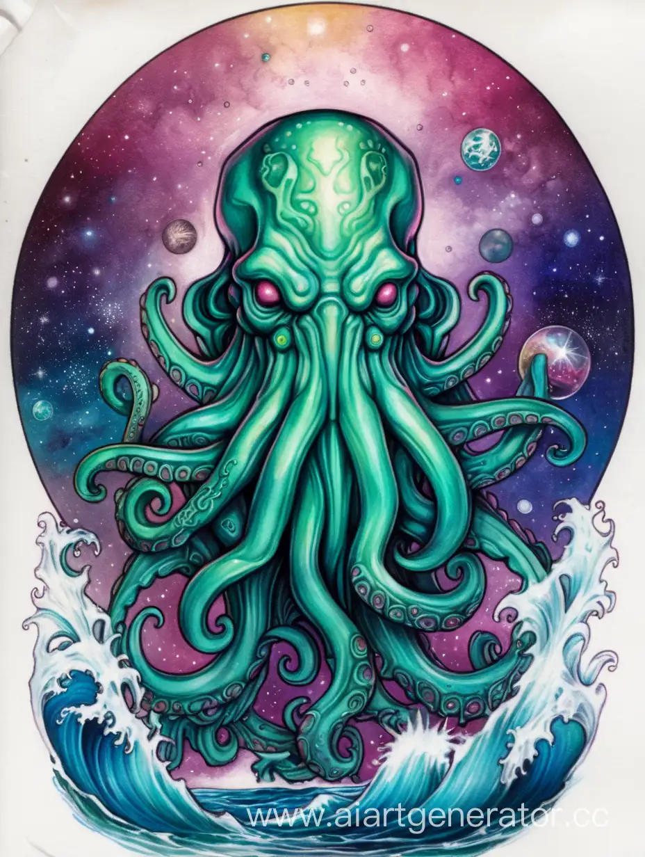 Colorful-Cthulhu-Tattoo-Sketch-in-Cosmic-Ocean-Setting