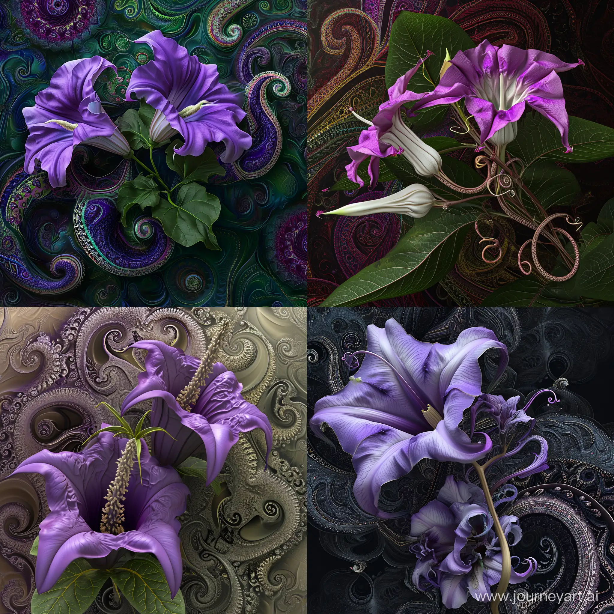 Create a photorealistic 3d image of a Double Purple Datura in a surreal paisley fractal