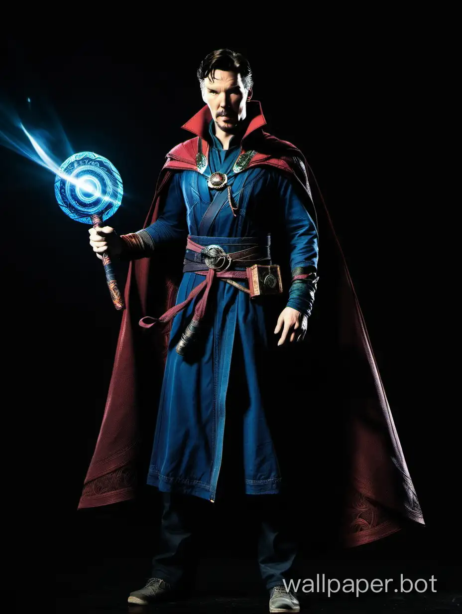Doctor Strange stands in the shadow on a black background. The right hand is visible from the shadow, holding a staff. The combat staff is illuminated by light.