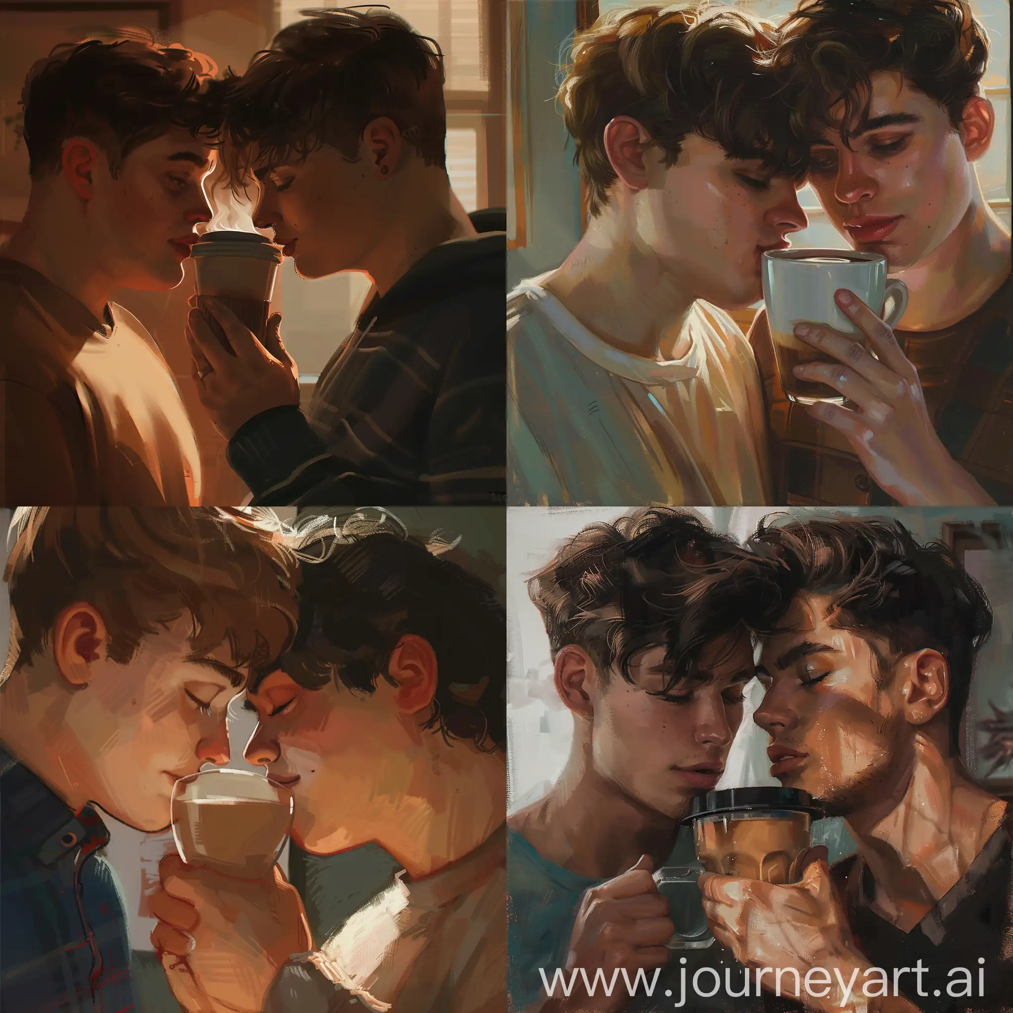 Intimate-Moment-Chubby-and-Slim-Gay-Couple-Enjoying-Coffee-in-Cozy-Room