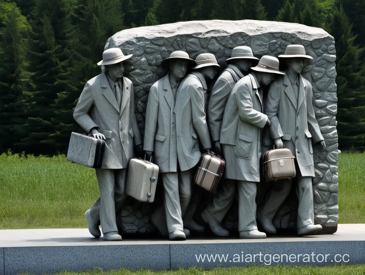 Group-of-People-Walking-with-Luggage-Near-Stone-Monument
