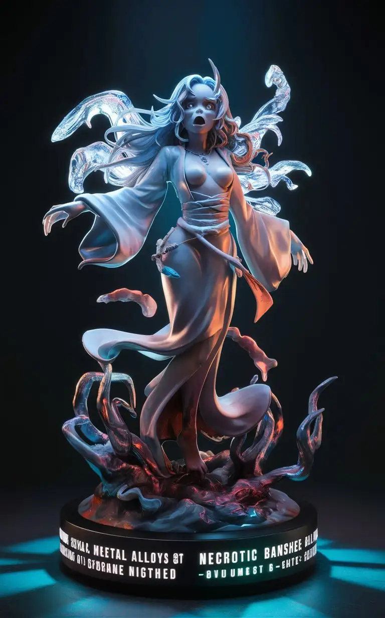 3D cartoon Disney character portrait render. full-body uhd Necrotic Banshee Figurine: close-full-body, breathtaking, 8k16k anime style, vector, slick bold design, glossy lines, Zombie Apocalypse aesthetic, intricate sculpting, hand-painted details. Standing at 3.5 inches tall, the Necrotic Banshee figurine emits an otherworldly wail, its spectral form and ethereal beauty captured in exquisite detail. Crafted from sleek metal alloy, its flowing robes and haunting expression seem to float in mid-air. With hand-painted accents highlighting its ghostly features and translucent wings, this figurine is a mesmerizing addition to any collection. Crisp zombie text adorns the base, with volumetric lighting casting eerie shadows across its surface.