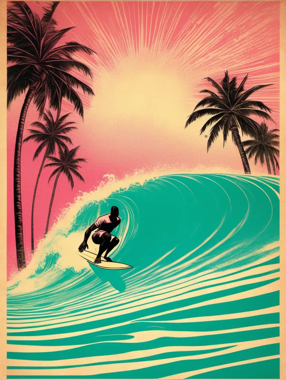 a vintage surf poster with peach and aqua and pink colors an image of Shaquille o'neil surfing a wave at pipeline hawaii with palm trees