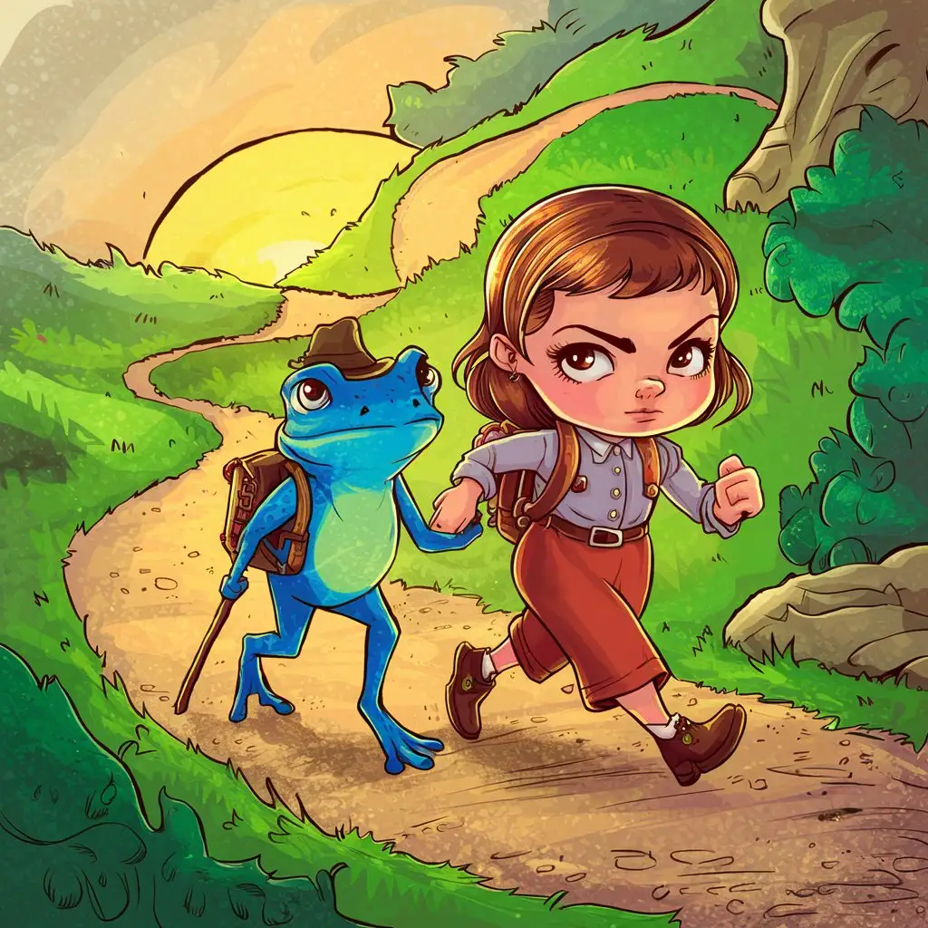 little girl in pants setting out on a quest with a frog walking like a navy blue human comic book style