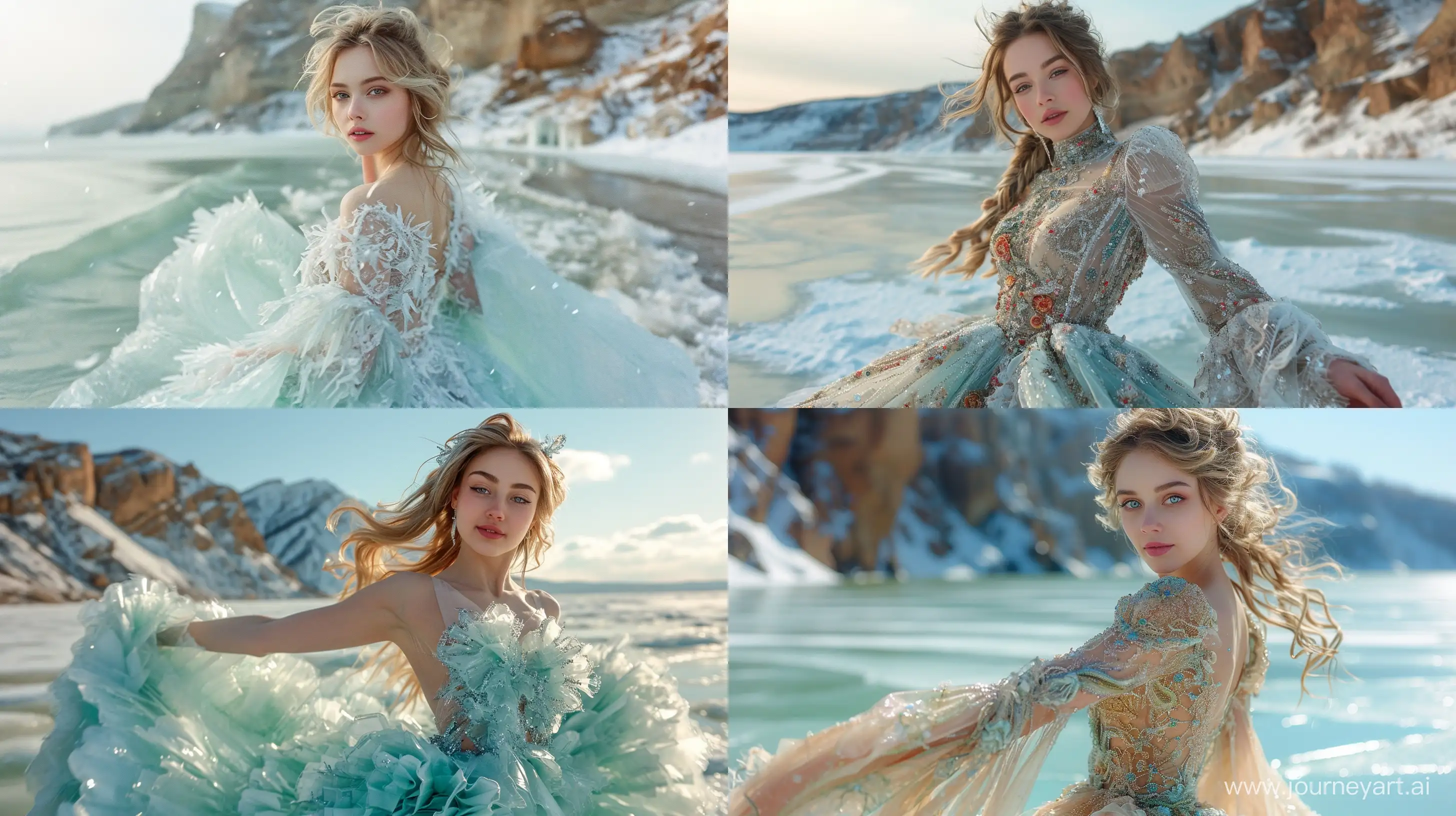 Film photography style, professional photo of a girl with pretty face in a polymer dress dansing on the ice of lake Baykal in a fairytale mountain setting,winter, frost emerald color pallette    --ar 16:9 --chaos 7  --v 6 --stylize 800