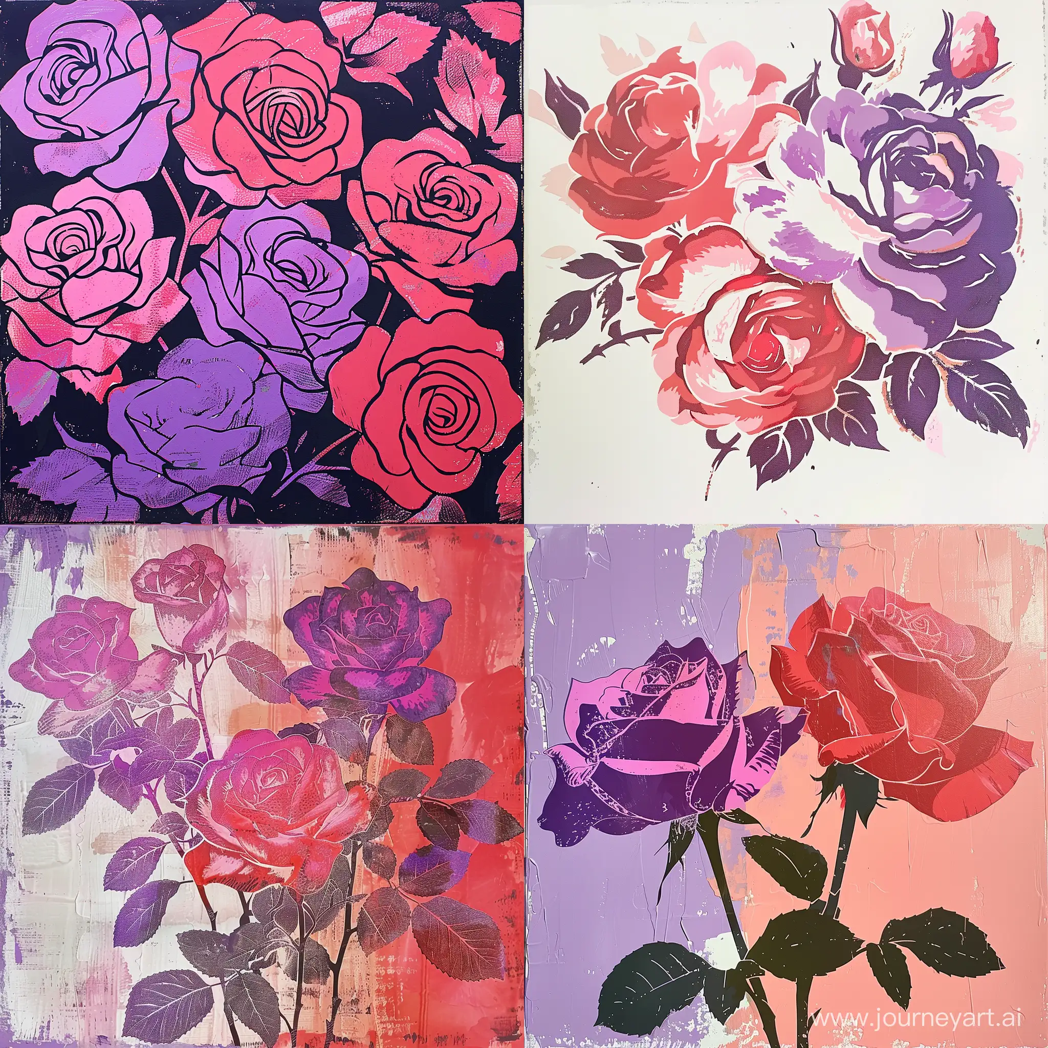 Pink and purple and Red Roses  with Long stencils and acrylic Art style