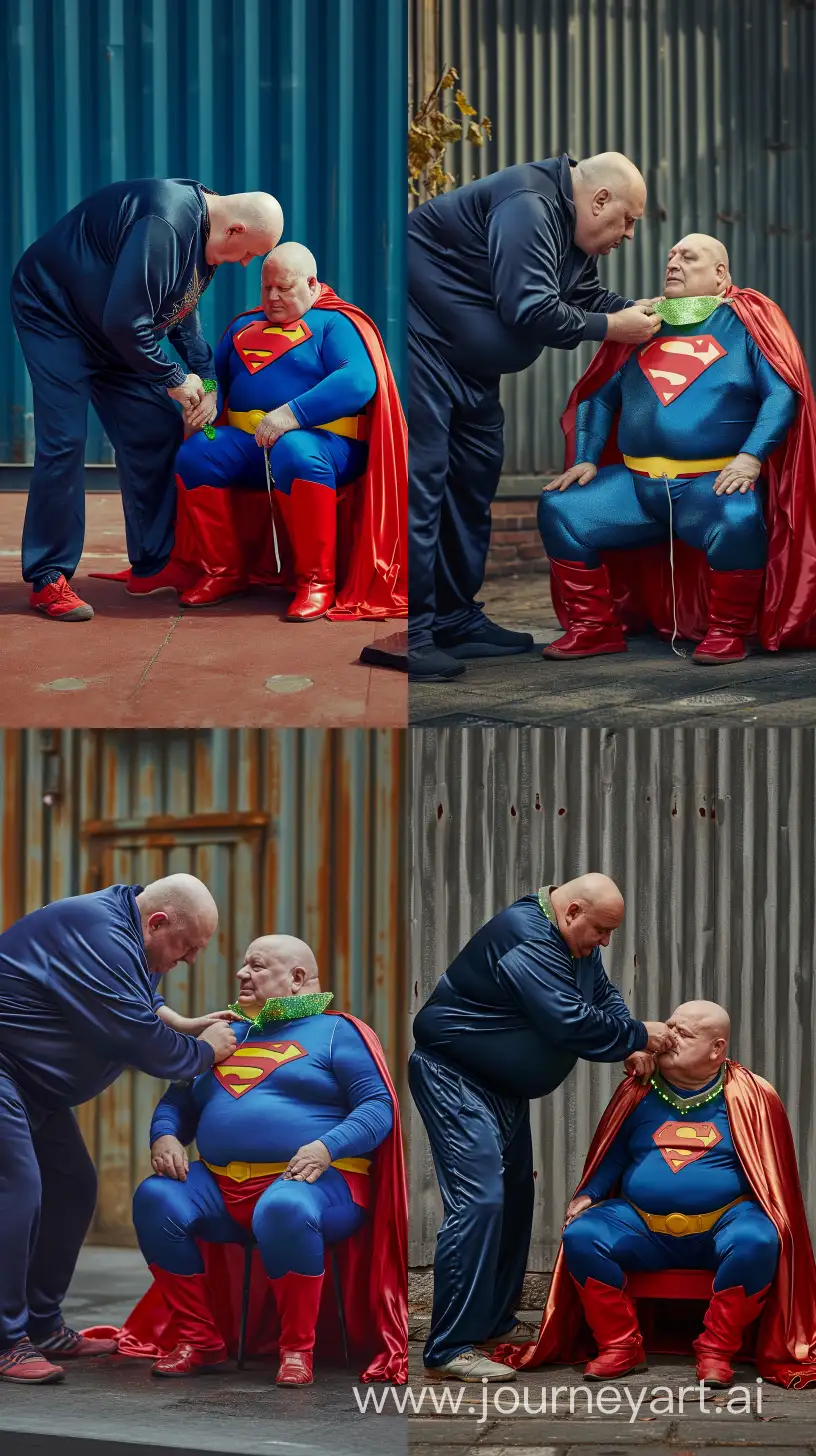 Photo of a chubby man aged 70 wearing a silky navy tracksuit, bending over and tightening a small glowing shiny green short collar on the neck of another chubby man aged 70 sitting and wearing a silky blue superman costume with a large red cape, red boots, blue shirt, blue pants, yellow belt and red trunks. Outside. Bald. Clean Shaven. --style raw --ar 9:16 --v 6