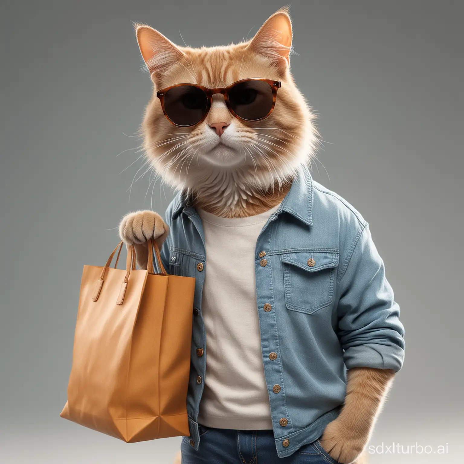 A cat model, wearing casual clothes and sunglasses, he is shopping, realistic photography