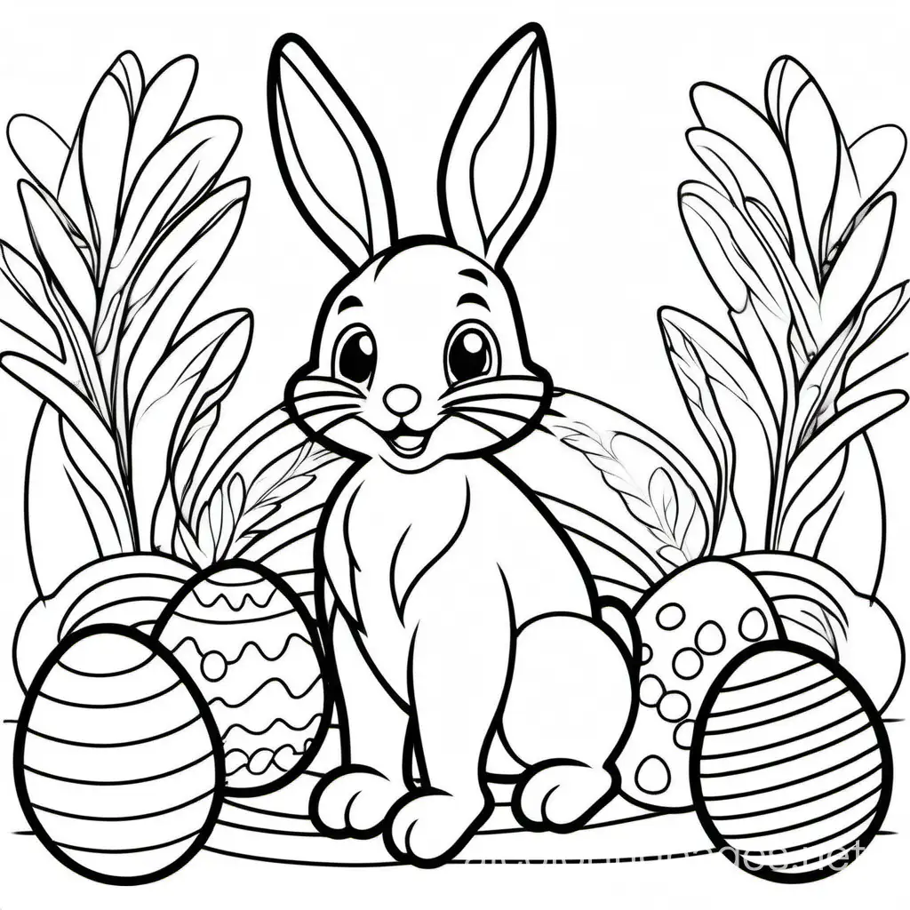 easter bunny , Coloring Page, black and white, line art, white background, Simplicity, Ample White Space. The background of the coloring page is plain white to make it easy for young children to color within the lines. The outlines of all the subjects are easy to distinguish, making it simple for kids to color without too much difficulty