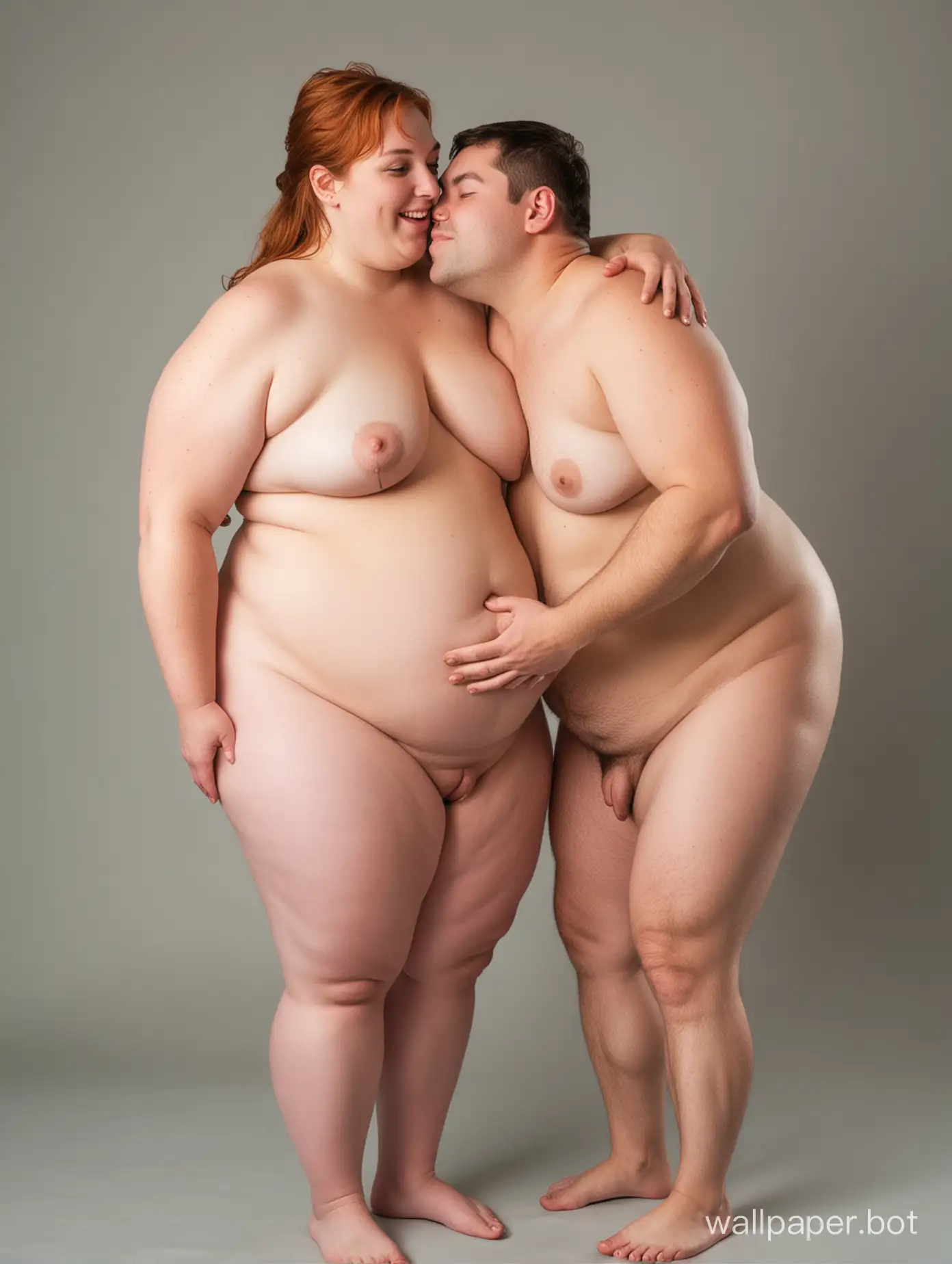 Fat woman and naked man embraced