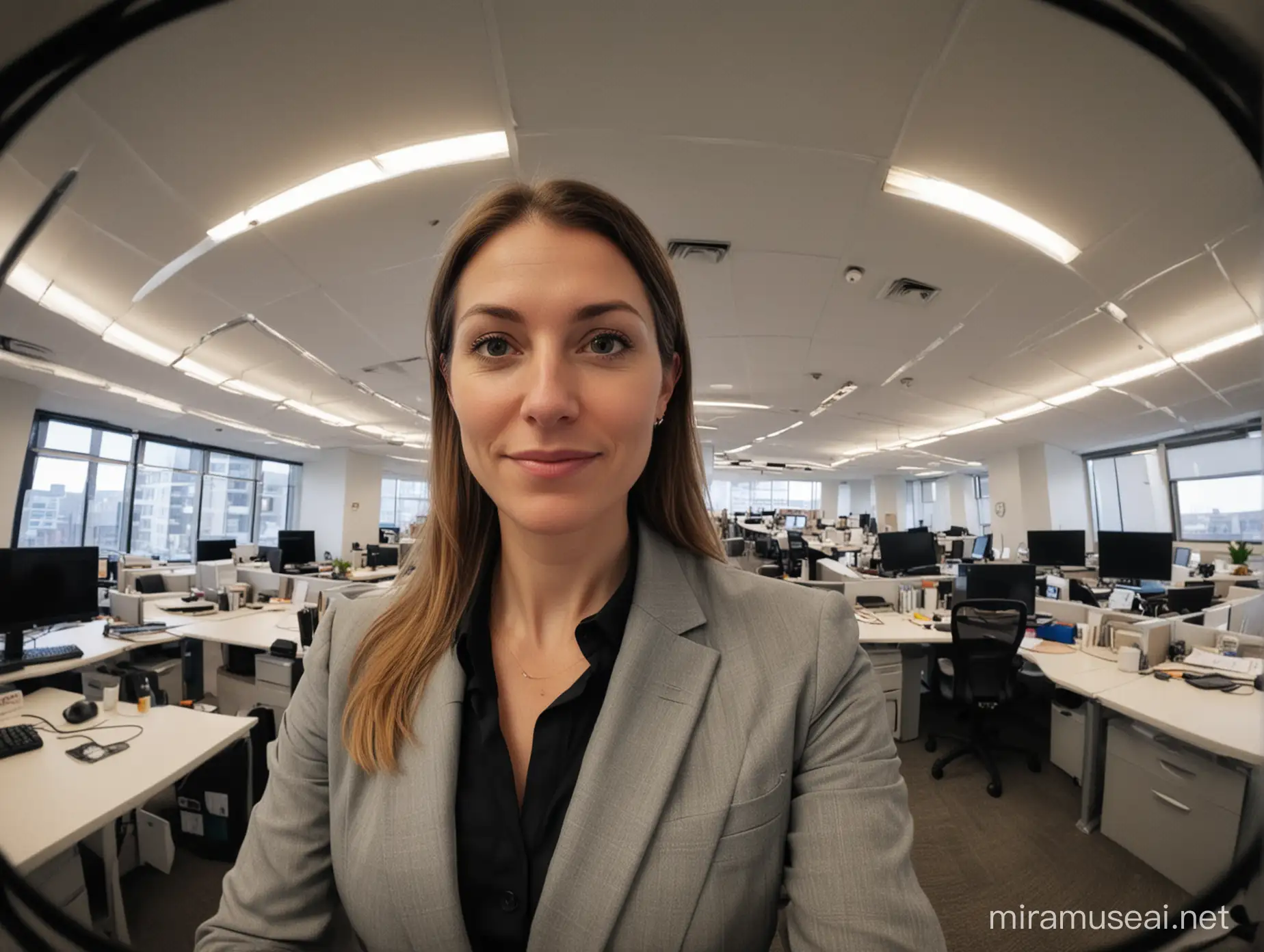 phone photo of simple 35-year-old executive director of human resources of a company looking at the camera, office, fisheye lens, posted to reddit in 2019, --style raw --s 0 --ar 9:16

