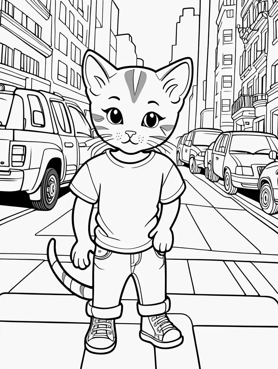 Cute Kitten in NYC Street Style Childrens Coloring Book Illustration