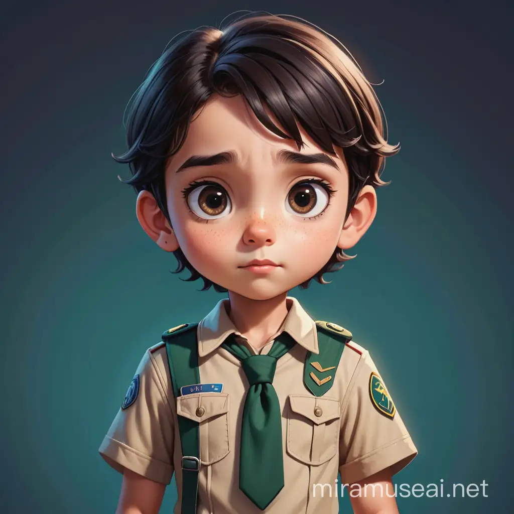 a male kid have 11 years old , have a dark brown hair , big dark black eyes, round face , light skin , scout uniform, show the full body of her, his eyes are close and he try to think while he is focus. cartoon type . 