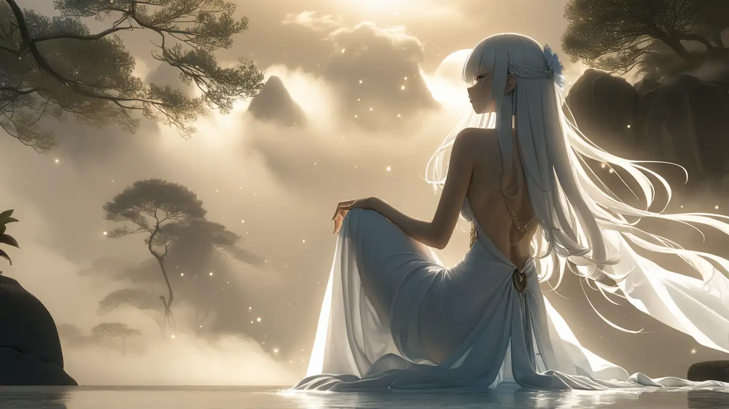 [BACKGROUND] Anime Silhouette, looking over a shoulder, long white dress with plunging neckline, sexual effects, shadows, bubbles, steam, sunlight, full body, beautiful shape, beautiful body, (adult, mature, wise, whole body, long white hair, wise golden eyes, full hips/thighs/waist, perfect hands, and bewitching chest), extremely detailed, ultra-sharp focus, depth of field, perfect meshes and textures, highly accurate reflections, volumetric fog, volumetric lighting, face drawn by the masterful artist Paul Gauguin, thin and soft lines 9:16