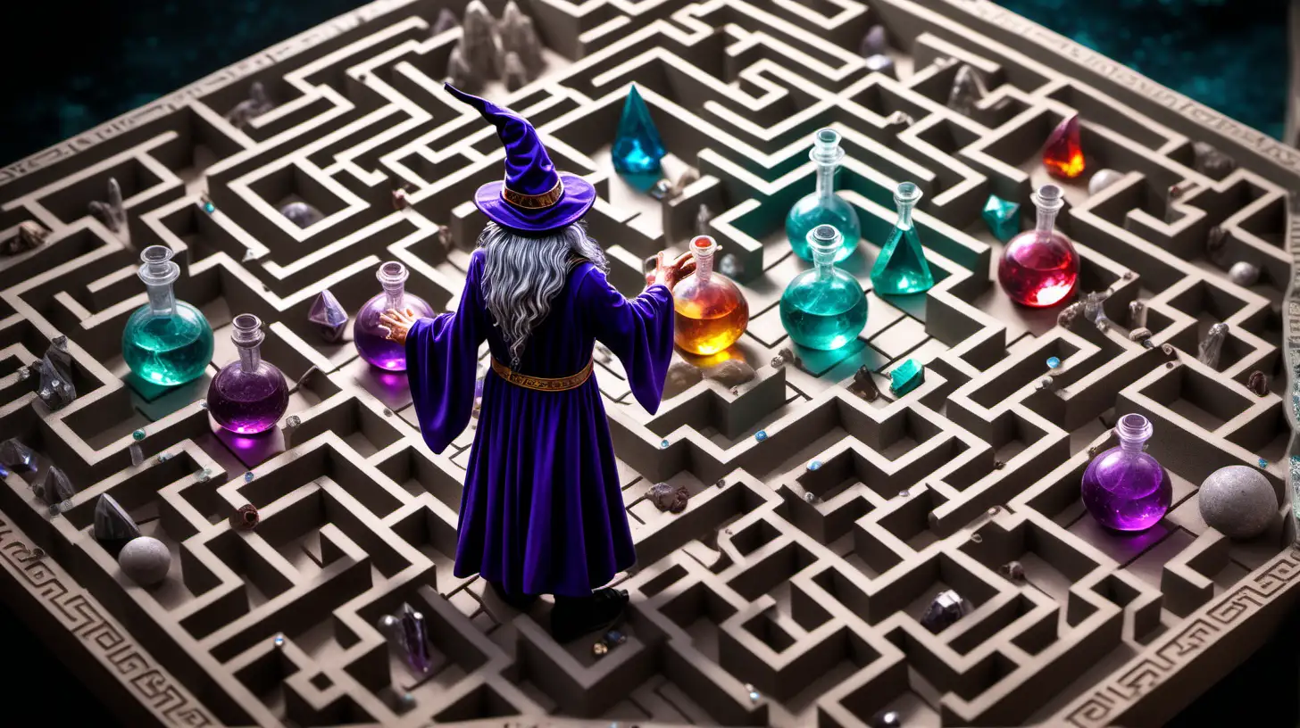 A wizard in a maze, with a bezel of crystals and potions, use different colors