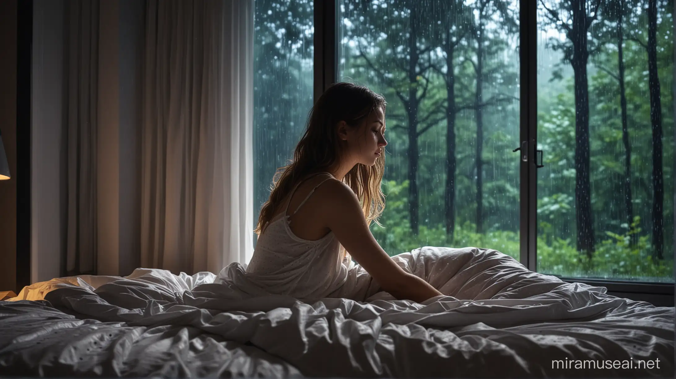 beautiful girl sleep in the bedroom at night with the bedroom window showing a rainy atmosphere on the edge of the forest