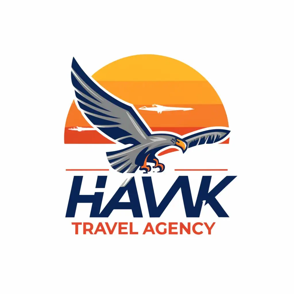 a logo design,with the text "Hawk travel agency", main symbol:Flying Eagle with airplane in background and sun,Moderate,be used in Travel industry,clear background