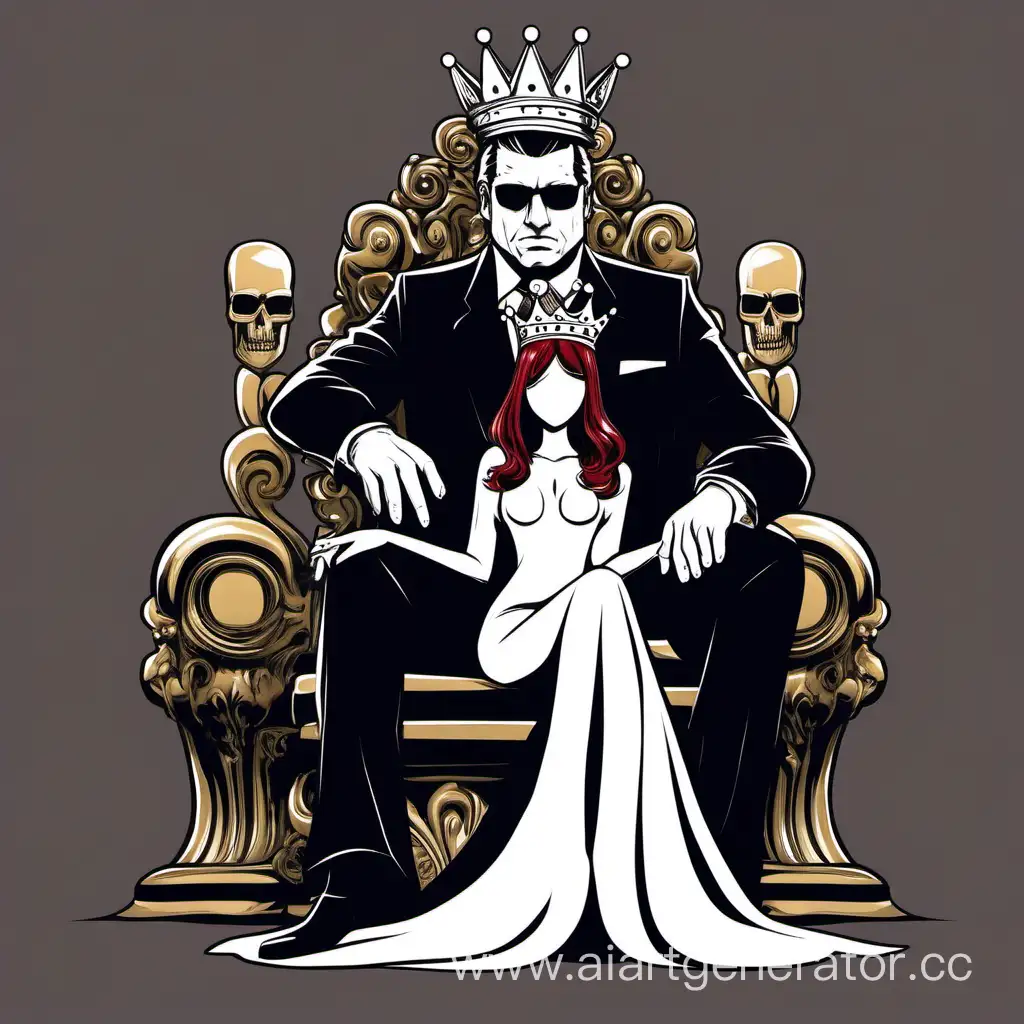 Босс мафии в черном костюме и короной на голове. Сядящий на троне , рядом с ним красивая девушка.