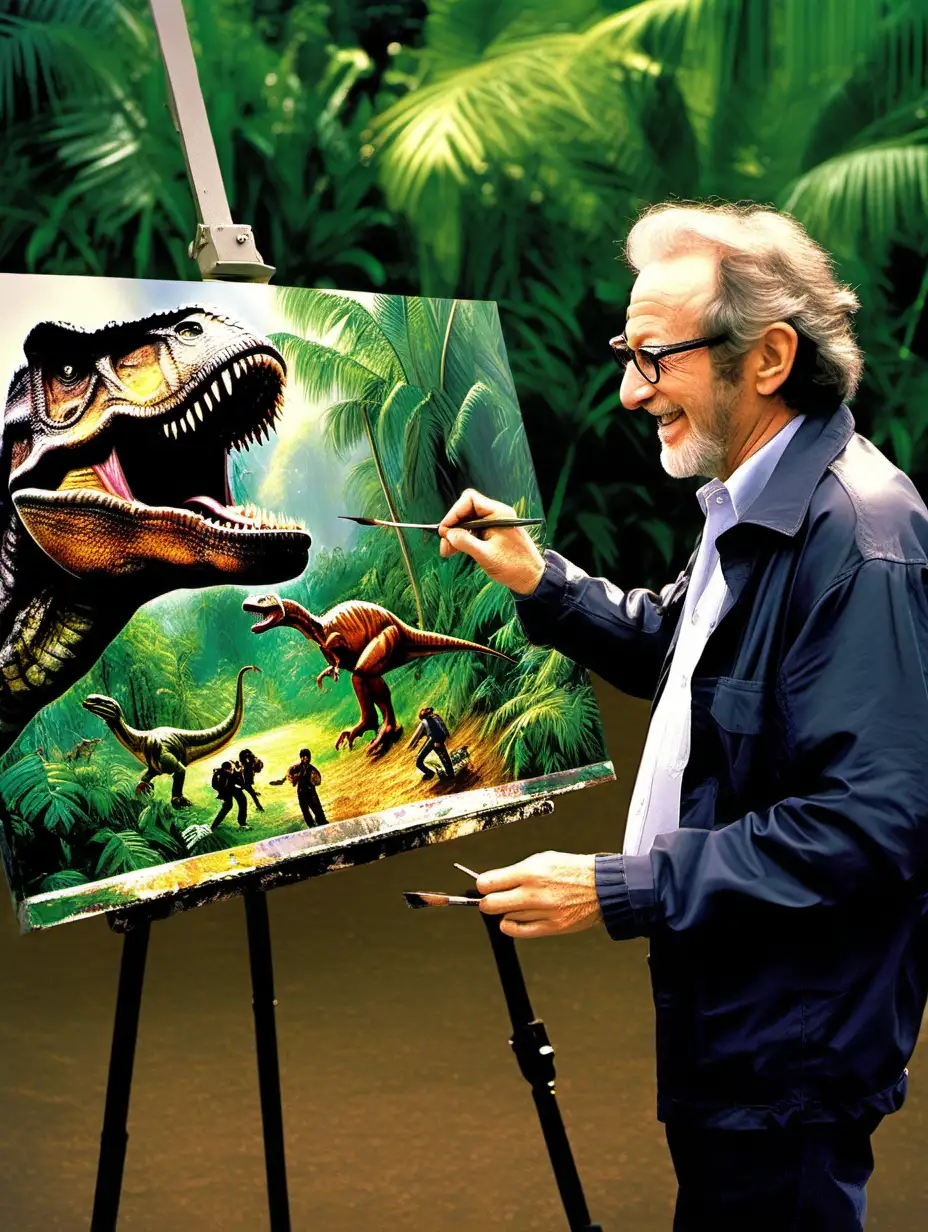 Steven Spielberg Creating Jurassic Park Oil Painted Masterpiece