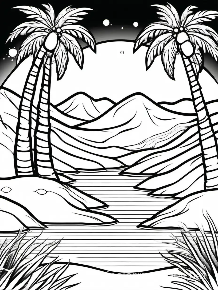 A serene desert oasis with palm trees: A hidden oasis in the midst of the desert, with lush palm trees surrounding a shimmering pool of water, providing respite from the arid landscape. Minimalist only outlines
, Coloring Page, black and white, line art, white background, Simplicity, Ample White Space. The background of the coloring page is plain white to make it easy for young children to color within the lines. The outlines of all the subjects are easy to distinguish, making it simple for kids to color without too much difficulty