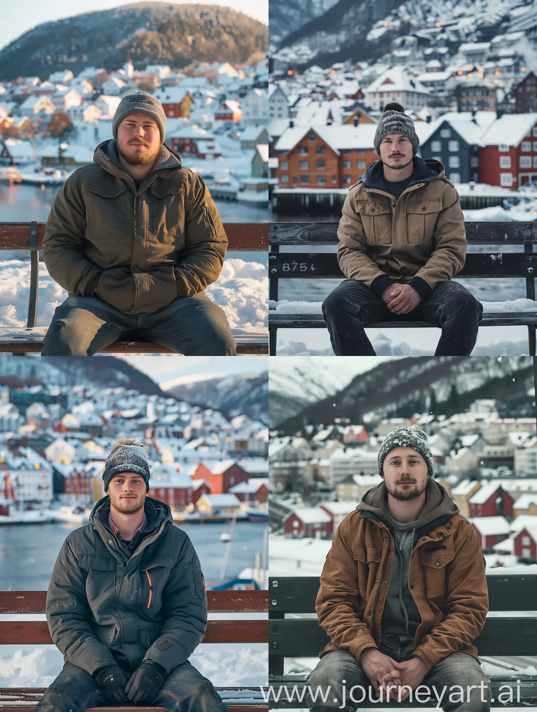  portrait of a handsome 25 year old man with a slightly fat body, wearing a trucker jacket and snow hat, sitting on a bench in winter. Behind him is a beautiful Norwegian city. facing front. original photo. 8K HD. Leica camera.