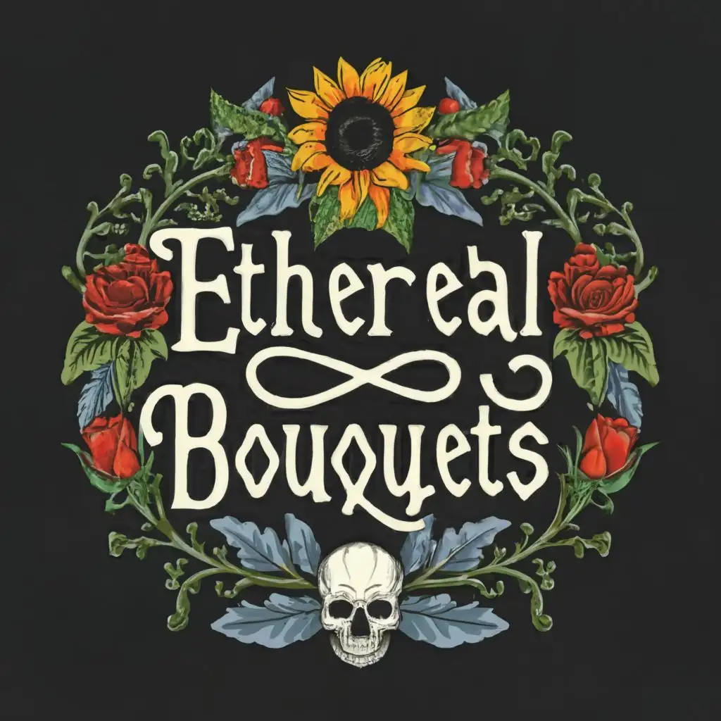 logo, Old English cursive, black roses, black tulips, sunflowers, a skull, with the text "Ethereal Bouquets", typography, be used in Retail industry