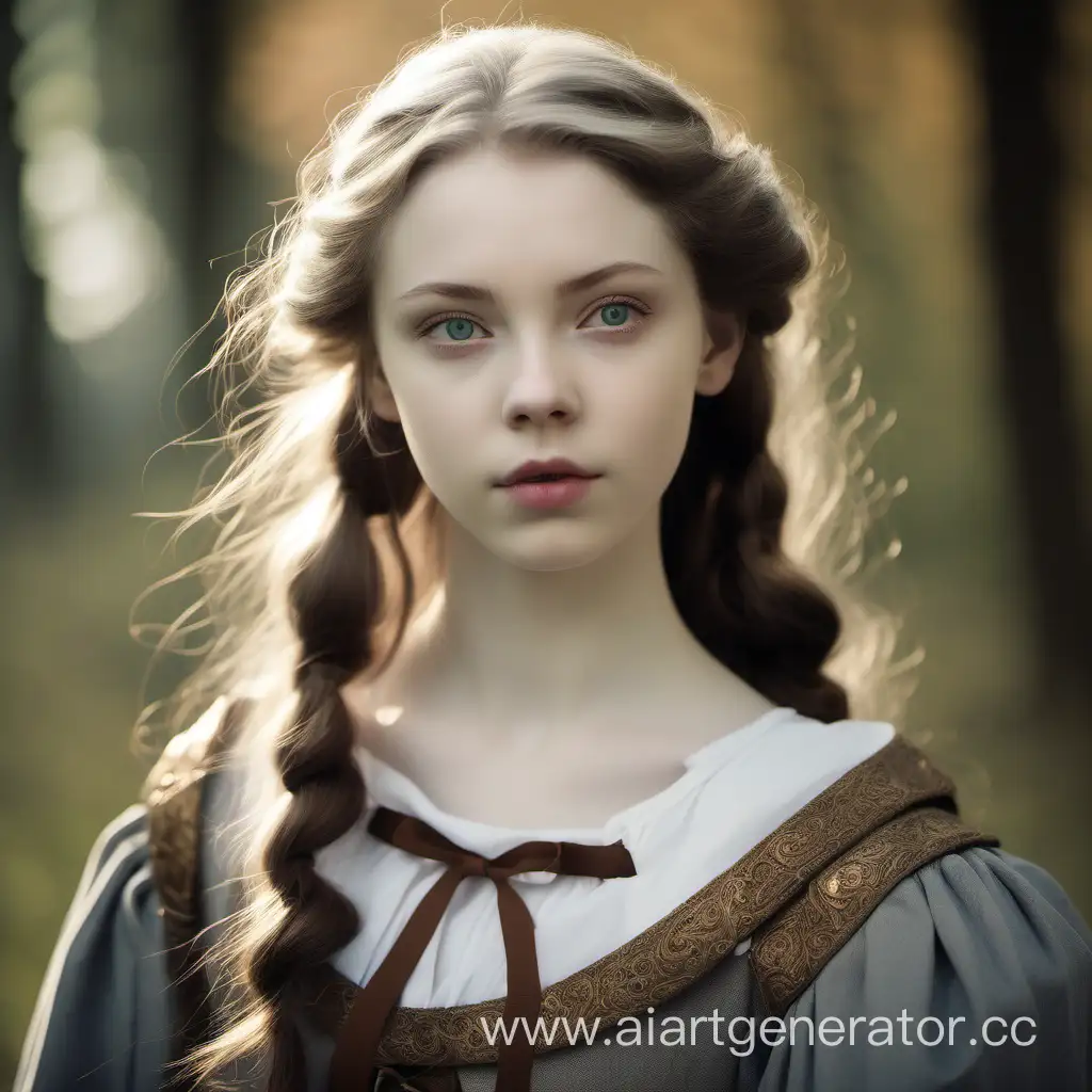 девушка, 20 лет, бледная кожа, пепельный цвет волос, серые глаза, на плечах лук для стрельбы, в средневековой одежде