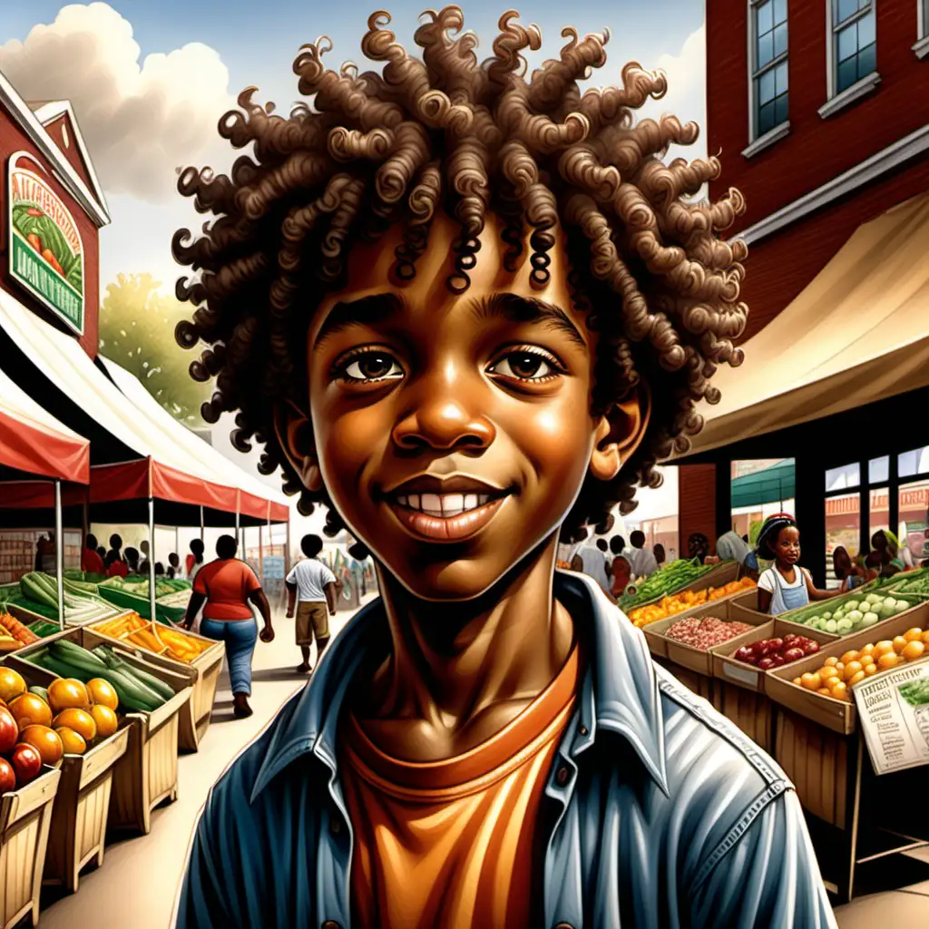 Vibrant Cartoon Scene CurlyHaired African American Boy at Farmers Market