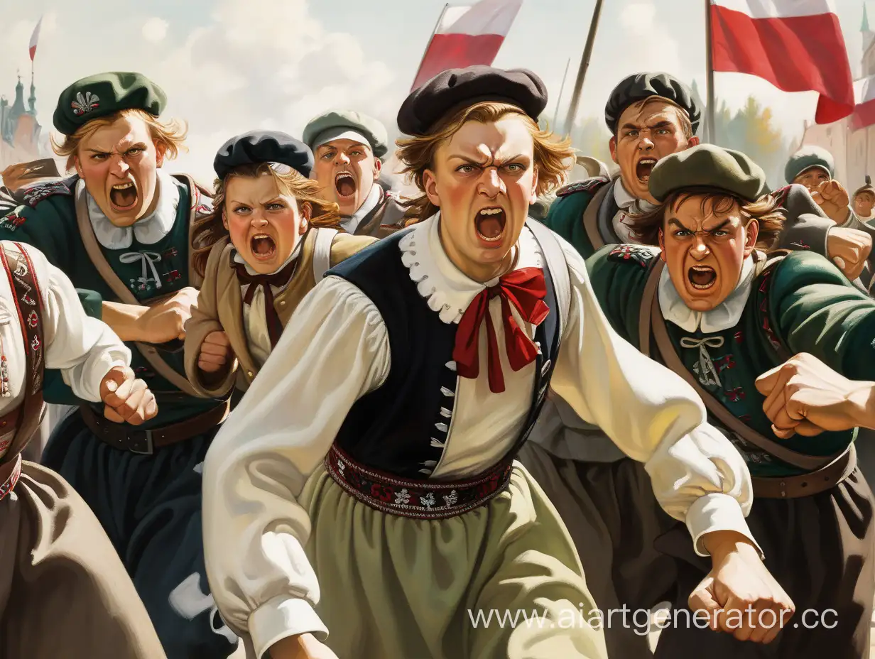Angry-Polish-Men-and-Girl-in-National-Dress-Running-with-Clenched-Fists