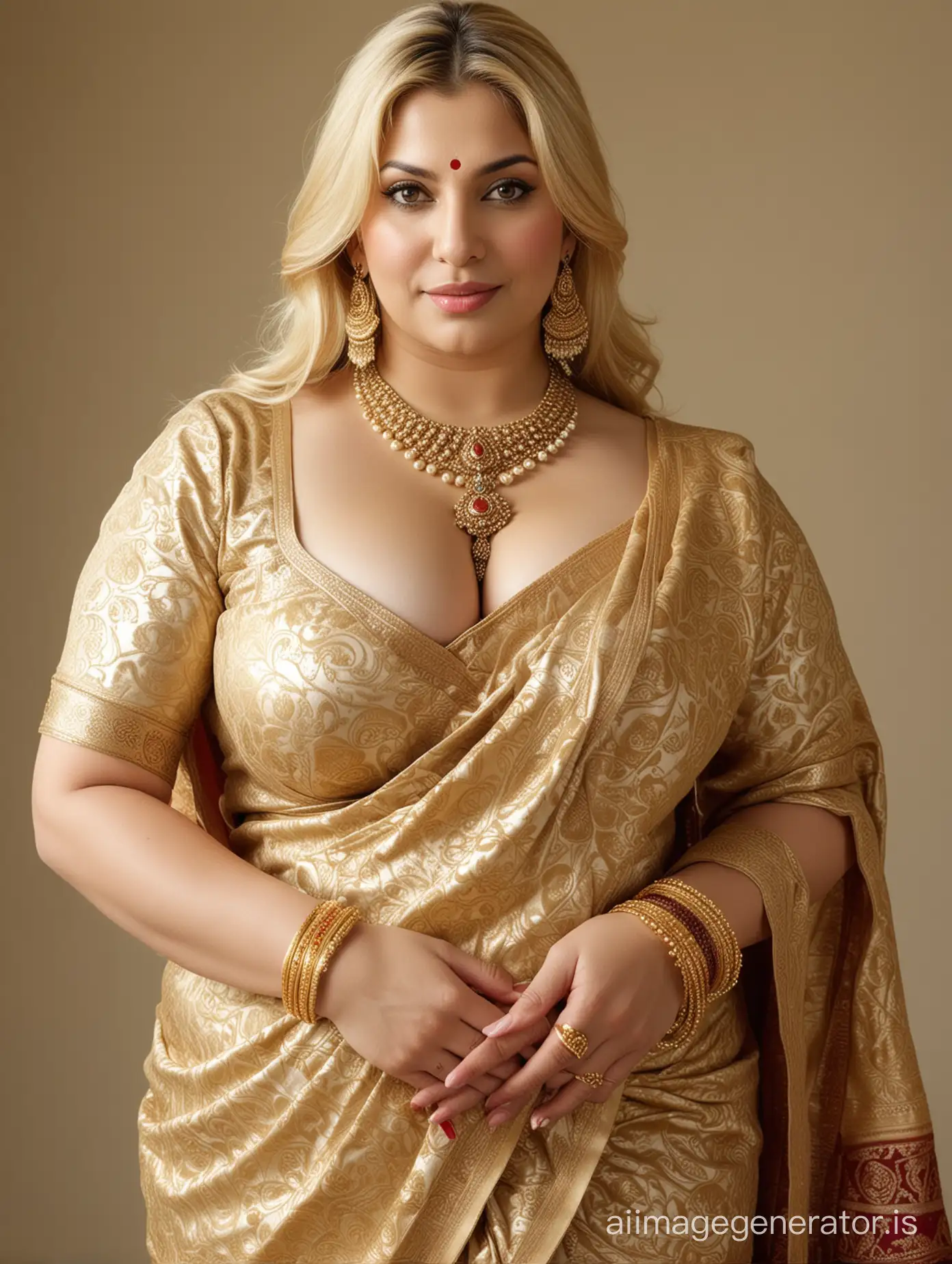 Generate full body image of a 40 year old very busty breast fatty breast, fatty big butt , fatty big hand arm , fatty big thighs and curvy completely American woman with very fair skin, blonde hair and wearing full body gold jewellery necklace and wearing Indian traditional style banarasi saree in wedding program