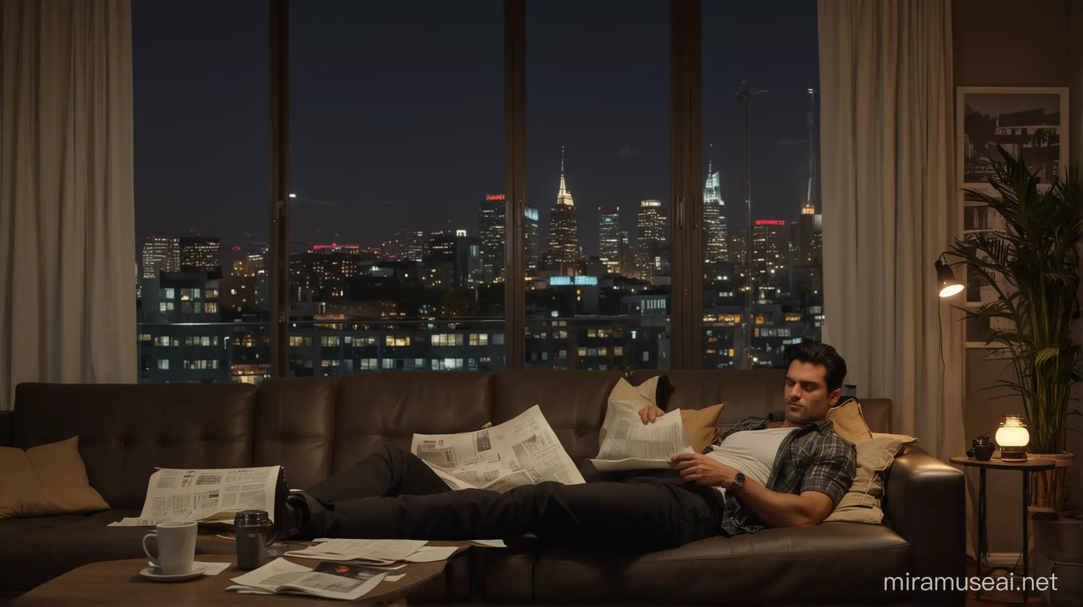wide shot, dark, dimmly lit retro living room at night time, rugged looking muscly handsome man with black hair wearing trousers and shirt, fast asleep laying on midcentury sofa, with paper work on coffee table next to him, large window in background with neon city outside, relaxing, nighttime