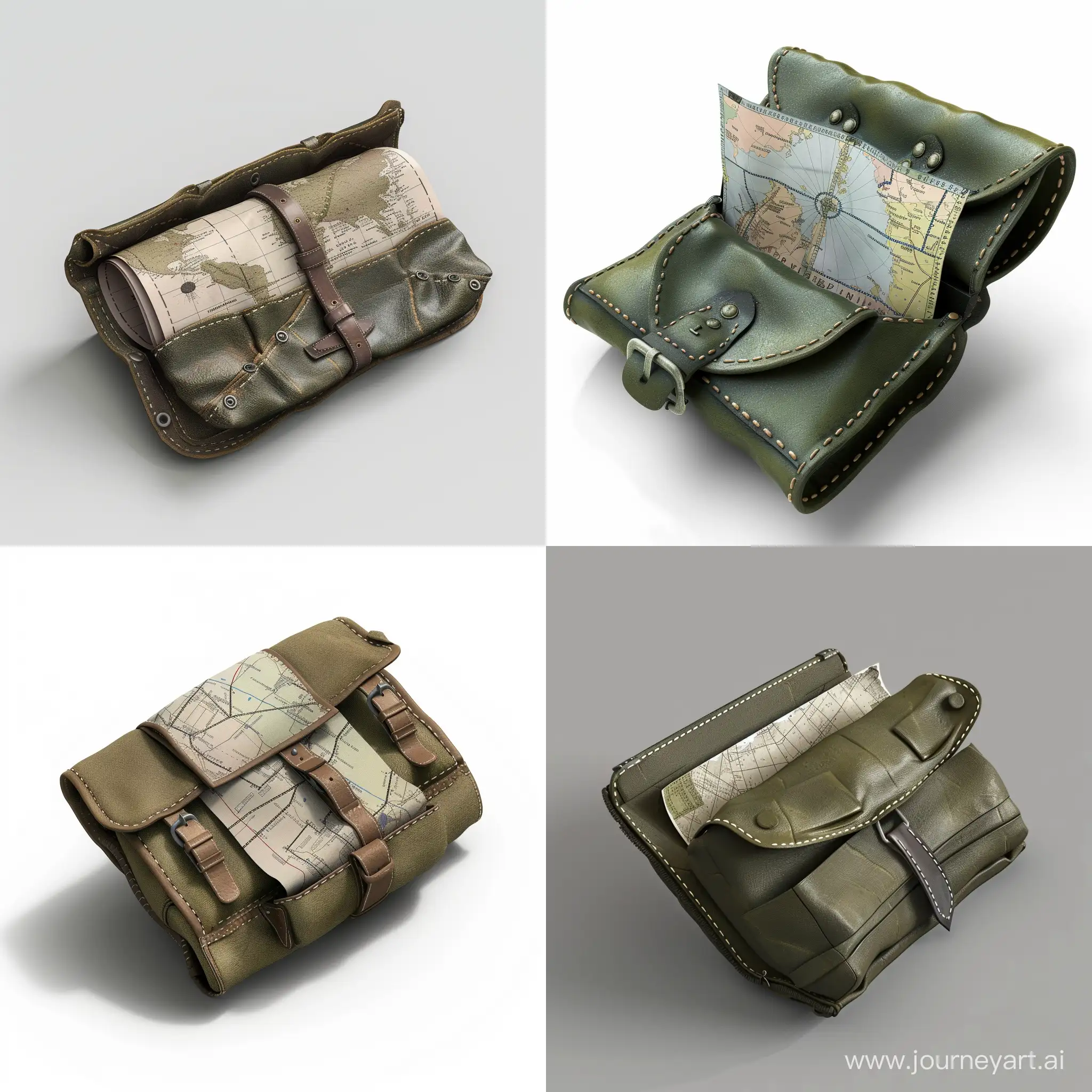 isometric military mapping folded paper in small opened military leather pouch, realistic, 3d render, no background