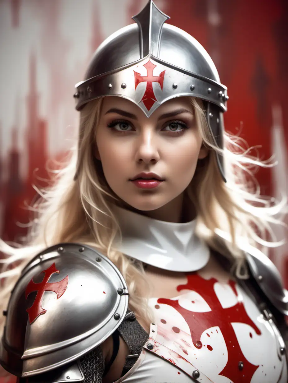 Beautiful Nordic woman, very attractive face, detailed eyes, big breasts, slim body, messy blonde hair, wearing a Knights Templar cosplay outfit , wearing Templar knight helmet, close up, bokeh background, soft light on face, rim lighting, facing away from camera, looking back over her shoulder, standing in front of a red and white abstract painted background, Illustration, very high detail, extra wide photo, full body photo, aerial photo