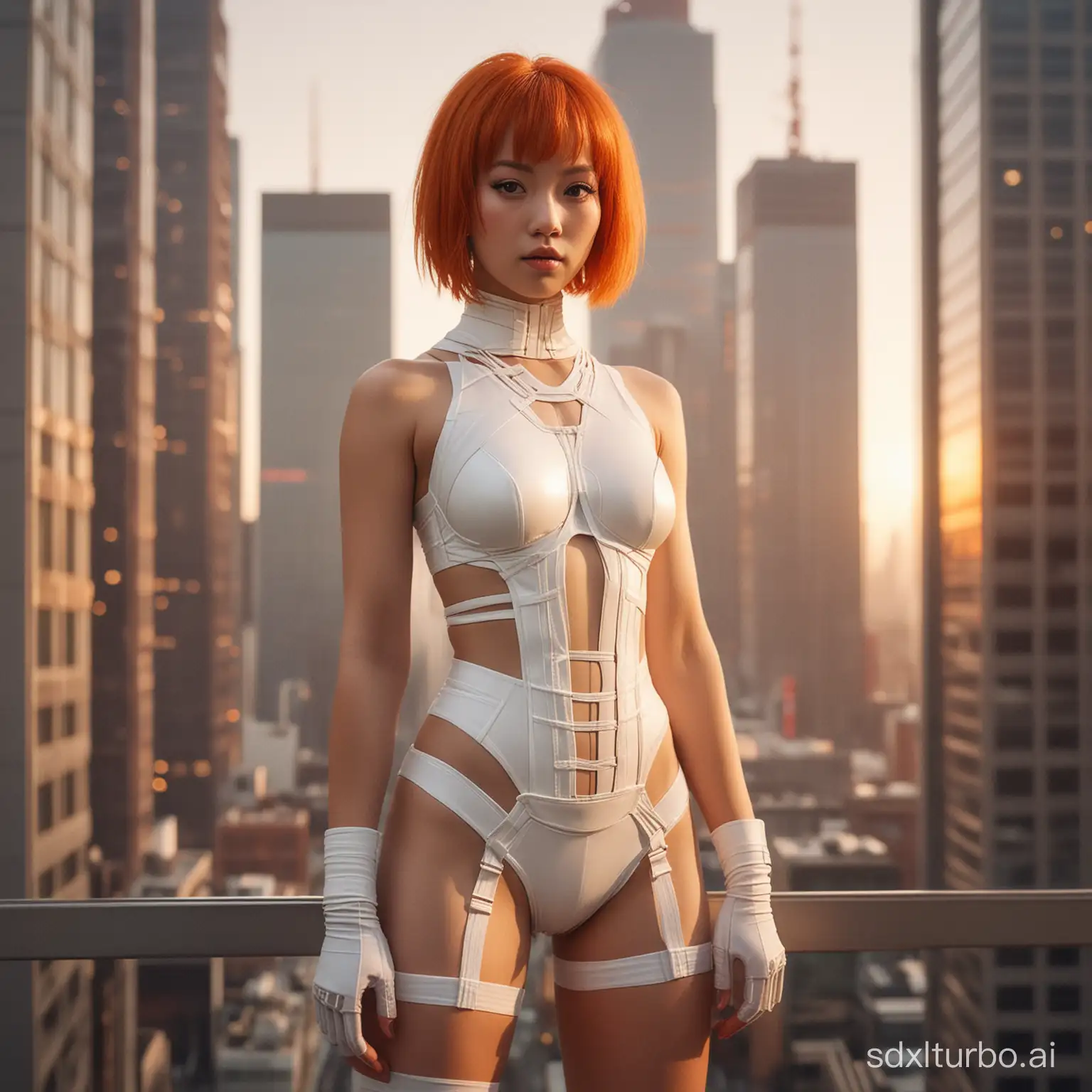 full body portrait of teen Japanese girl wearing Leeloo bandage costume from Fifth Element. Futuristic cityscape during golden hour.  There are huge extremely tall skyscrapers  with illuminated windows. Intricate details. side photo. Copper orange bob hair style. flat belly. thick legs. small breasts.  Sharp focus. Photorealistic. Vintage looking photo. Grainy. Foggy. Fifth element