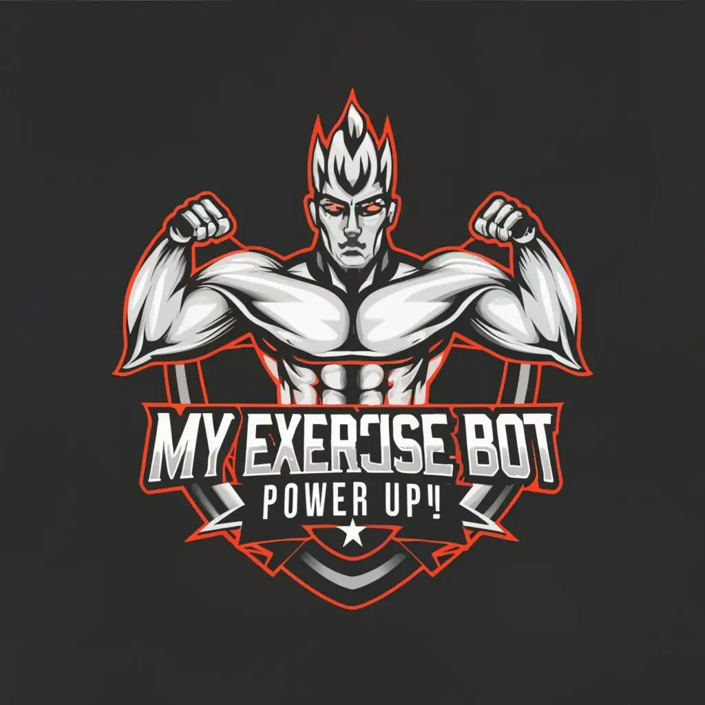 logo, Muscular Robot spiked hair, with the text "My Exercise Bot Power Up", typography, be used in Sports Fitness industry
