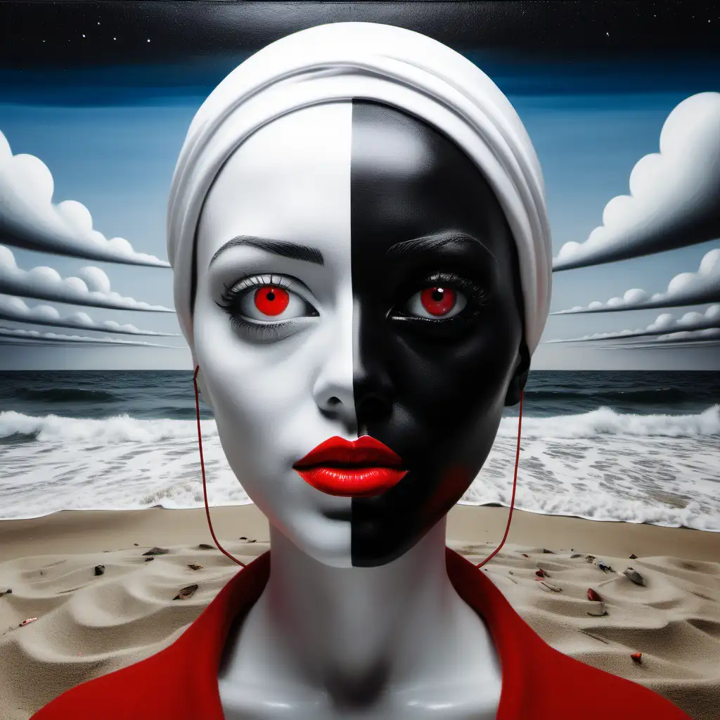 Full of numbers, mathematic symbols, groomy, dark, Masterpiece close up painting of a portrait of a diverse Black and white and primary colors, 3d surreal landscape, realistic woman portrait, immersive inspired beach art deco landscape, upside down universe, inside and out, rene magritte inspiration. couple with bright white face, and women dark black face with red eyes looking straight at you in a boat on minimalist and sleek conceptual environment, surrealism beautifully colored, crazy details, intricate details, beautifully colored, cinematic, Color correction, Editorial