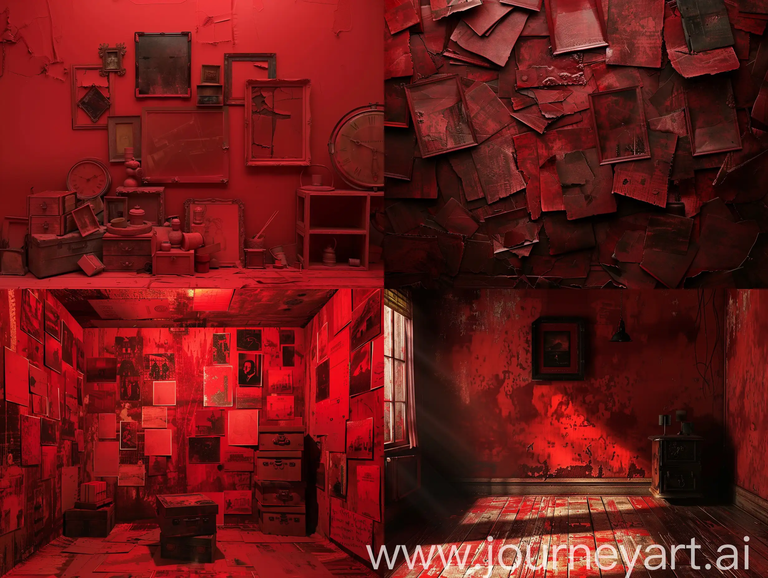 abstract 3d old photography items collection background, a red color palate of dark room