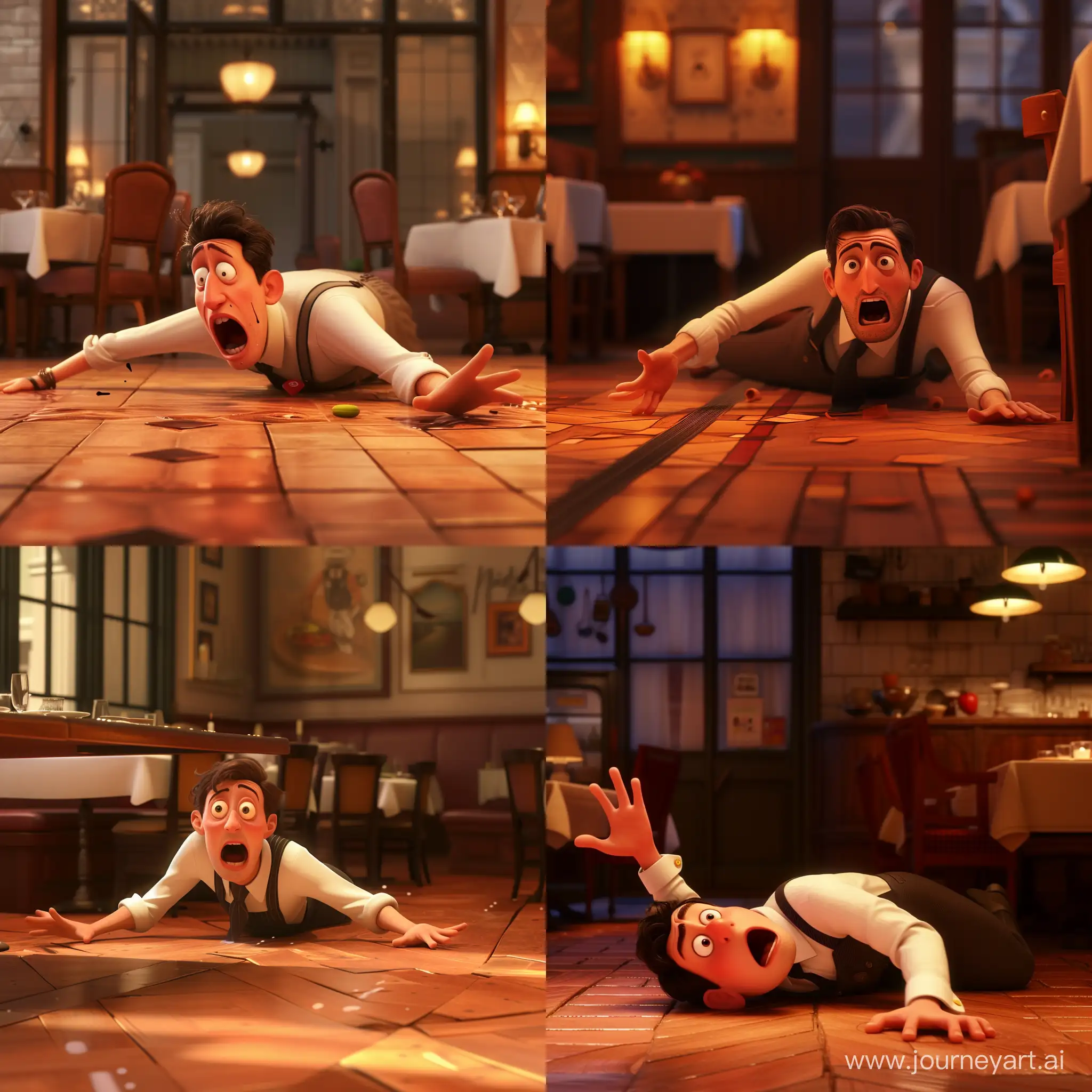 a lone waiter, tired of work, lying on the ground stretches his hand across the table, screams, he looks very tired, Pixar style
