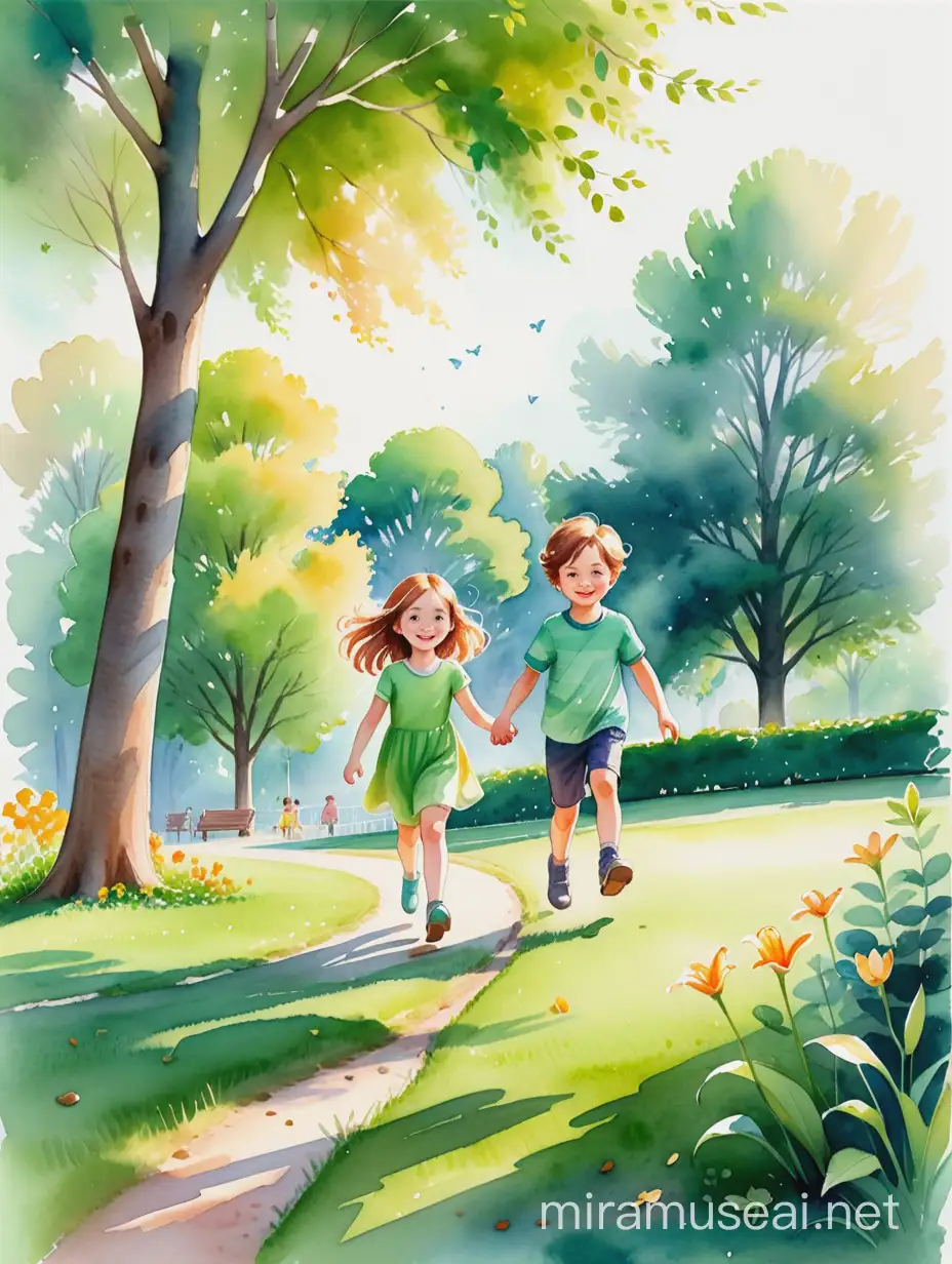 watercolor children's illustration:

bright, sunny day. a girl named Lily and a boy named Ben playing alone in a green park. leave space for text on the middle top left
